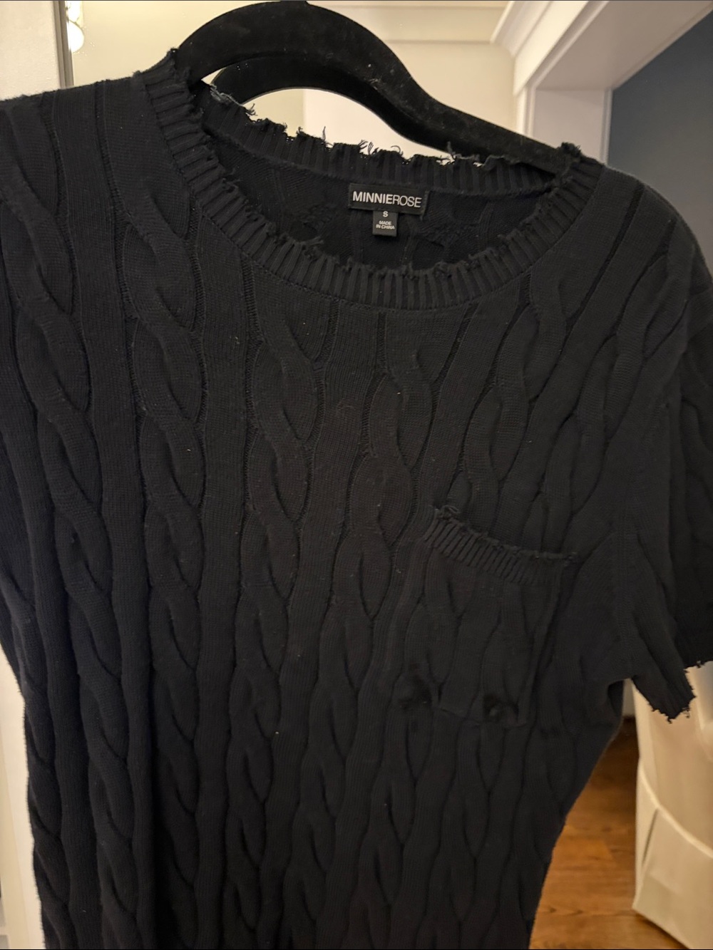 Minnie Rose Black Cable Knit Crewneck Short Sleeve Sweater
